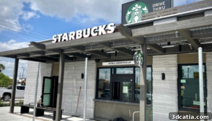 The new Starbucks drive-thru and mobile order pickup location in Brownsville, Texas, constructed using 3D printing technology.