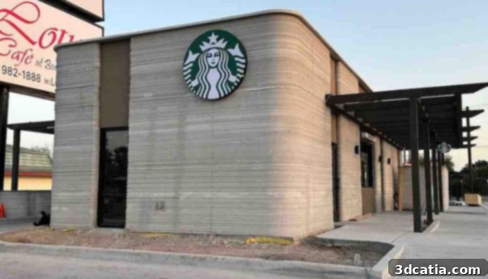A side view of the newly constructed 3D printed Starbucks location in Brownsville, Texas, featuring a clean, modern design.