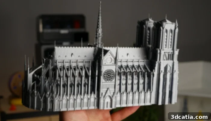 A 3D printed model of Notre Dame, showcasing intricate details and scale.