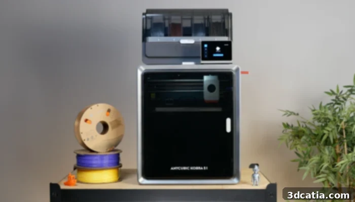 Anycubic Kobra S1 3D printer and the ACE Pro multi-material system, showcasing a modern and minimalist design.