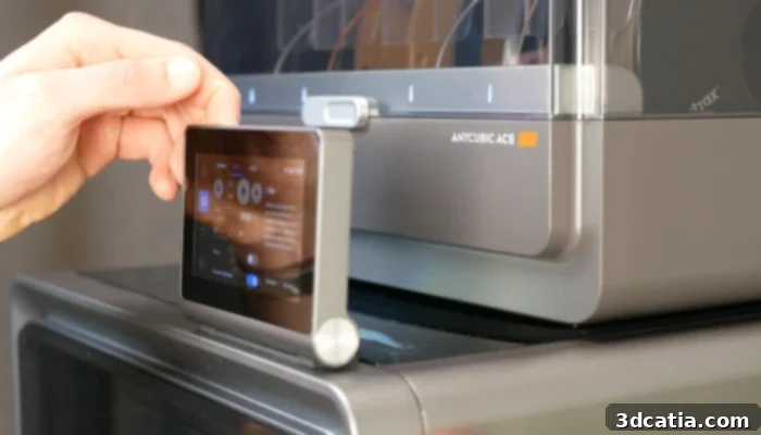 The touchscreen interface of the Anycubic Kobra S1 3D printer, showing its connectivity options and remote control capabilities.