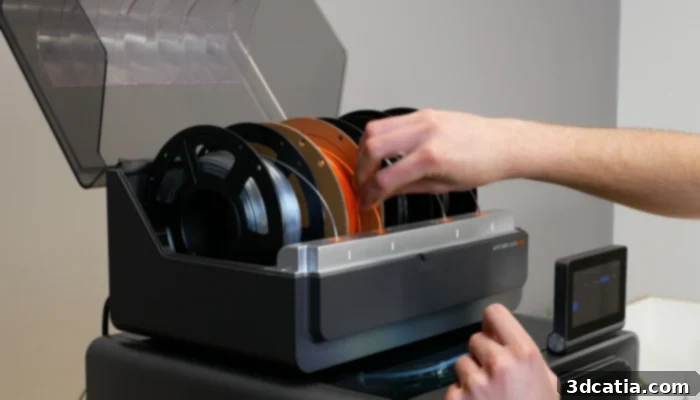 The ACE Pro multi-material system for the Anycubic Kobra S1 3D printer, showing its RFID filament recognition feature.