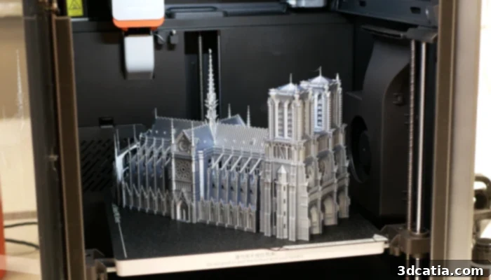 A detailed 3D printed model of Notre Dame cathedral, showcasing the precision and volume capabilities of the Anycubic Kobra S1 3D printer.