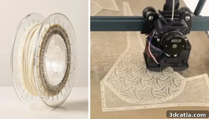 Close-up of Balena Filaflex filament being used in a 3D printing process.