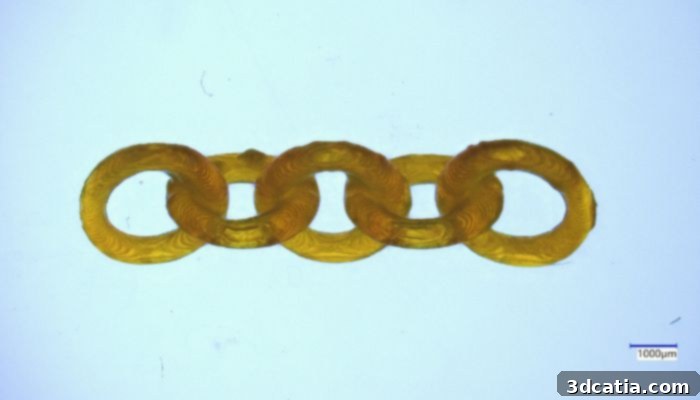 A 3D printed chain demonstrating complex geometries enabled by the new vat photopolymerization technique with dissolvable supports.