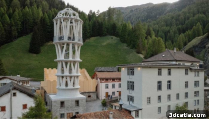 Bird's eye view of the Tor Alva, the world's tallest 3D printed tower in Mulegns, Switzerland.