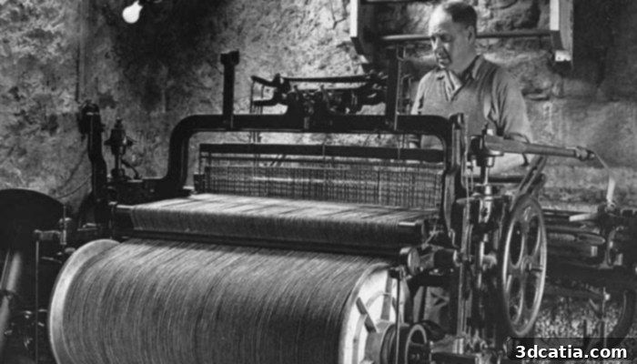 A traditional loom from the early 20th century, essential for weaving Harris Tweed with intricate components.