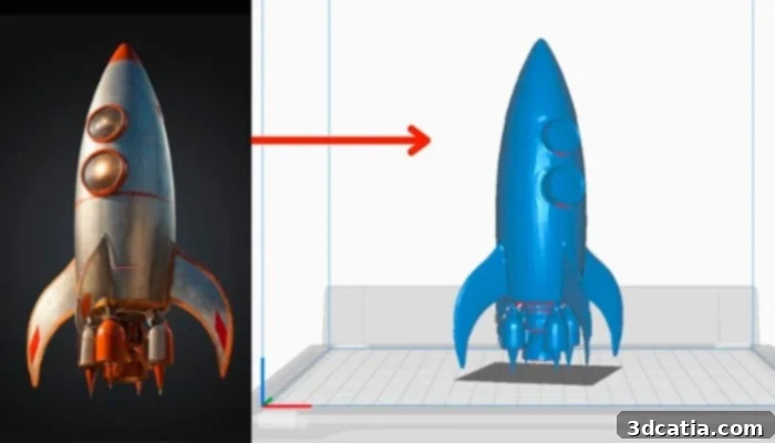 A 3D model and STL file of a vintage space rocket generated by Meshy AI, illustrating the conversion from prompt to 3D model.
