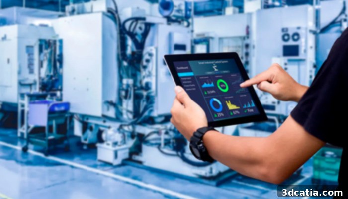 An illustration of predictive maintenance in 3D printing, showing sensors collecting data from machine components.
