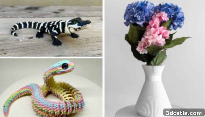 Various 3D printed products available on Etsy, showcasing different designs and applications.
