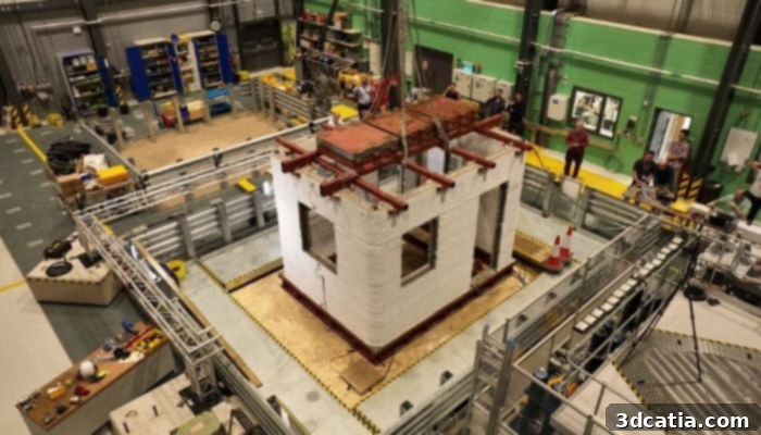 A 3D printed concrete model house stands on a large vibrating plate at the University of Bristol, ready for seismic testing.