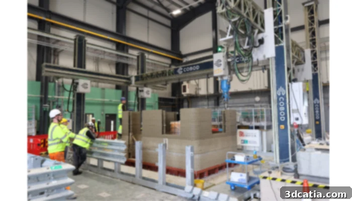 A robotic arm from a COBOD 3D printer is shown in action, printing a concrete structure.
