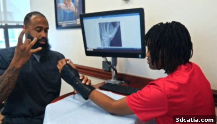 Patient with 3D printed cast from Dimension Ortho