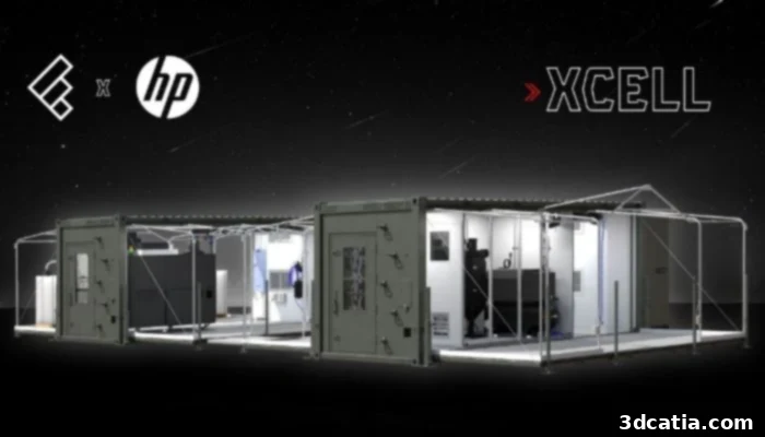 Representation of Firestorm Labs' mobile xCell units featuring HP’s Multi Jet Fusion technology for remote manufacturing.
