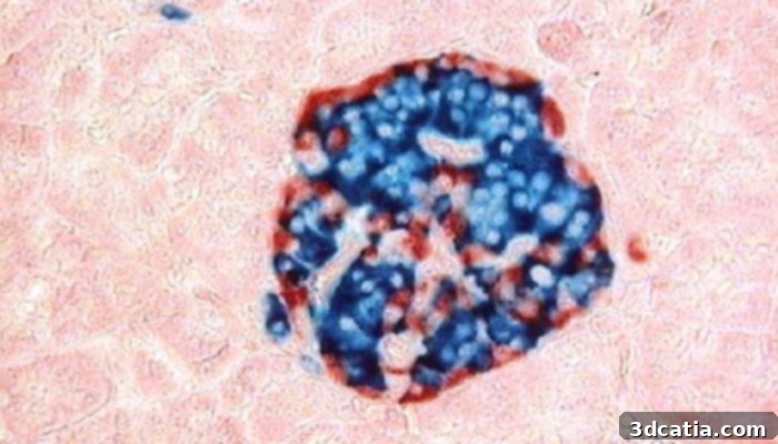 Microscopic image of a human pancreatic islet, stained to show glucagon (red) and insulin (blue) producing cells within the islet.