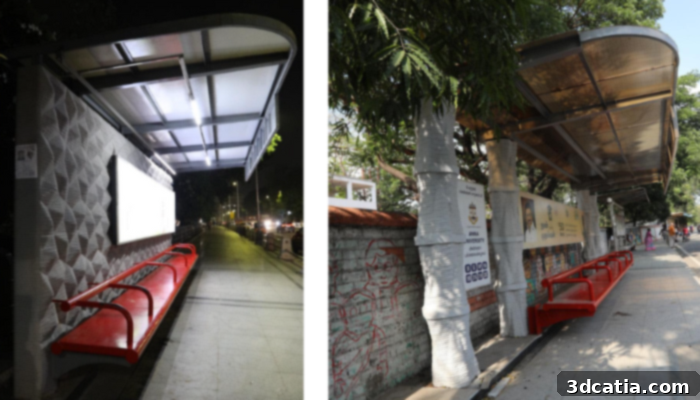 Chennai's first 3D-printed bus shelter near Marina Bay (left) and the Anna University bus stop (right) showcase urban innovation.