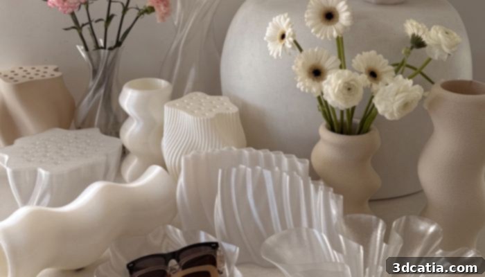 Selection of custom 3D printed vases and home decor items designed by studio mg².