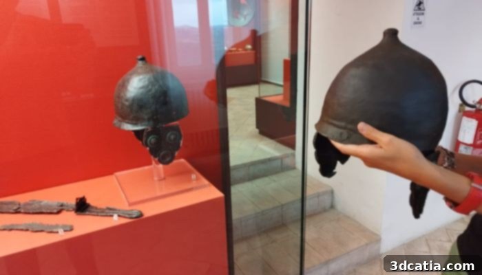 3D copy next to original (inside case) of Montefortino-type helmet (National Archaeological Museum in Arcevia – AN).