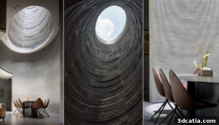 The impressive multi-story oculus in the QR3D house, designed to provide natural light and cooling throughout all four floors. (Credits, from left to right: STUDIOWONGS; Derek Swalwell; STUDIOWONGS)