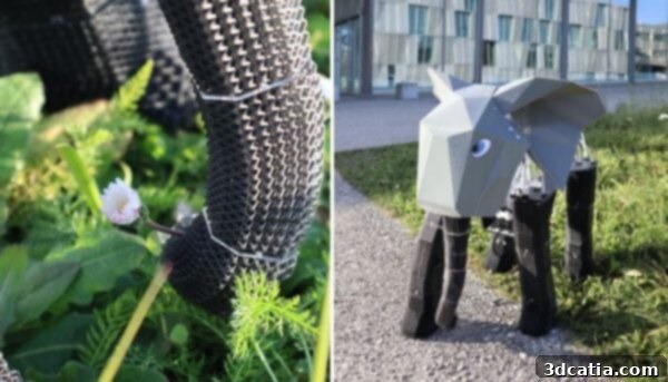 The elephant robot’s trunk can, among other things, grasp a flower.
