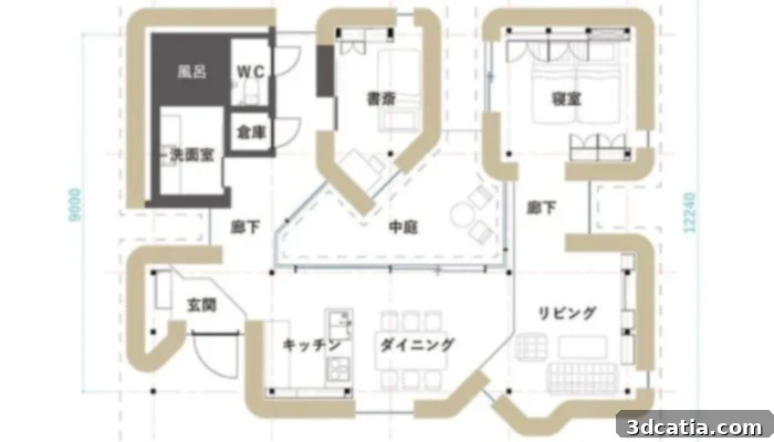 The open design allows for plenty of natural light and incorporates traditional Japanese design elements. (For reference, from bottom right to left: リビング (living room), ダイニング (dining room), キッチン (kitchen), 玄関 (entrance), 中庭 (courtyard), 寝室 (bedroom), 書斎 (study); the bathroom is at the top left.)