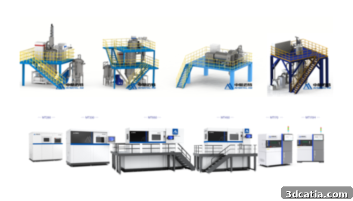 Avimetal’s range of metal AM machines alongside its advanced powder production equipment
