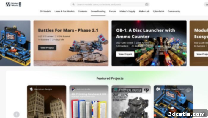 MakerWorld Crowdfunding interface showing various 3D printing projects available for support.