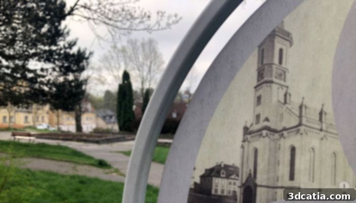 An informational sign indicates where the original church stood until 1976. (Credit: David Pluhař)