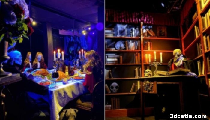 [Left]: Scene with 3D-printed candelabras. [Right]: Fully 3D-printed fake library. (Credit: Bambu Lab Blog)