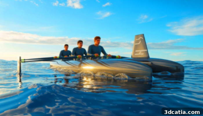 A 3D mockup design of the boat to be used for the Pacific crossing, showcasing its innovative design and technology integration.