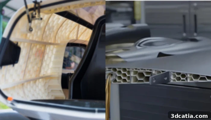 [Right] A Singaporian 3D printed car utilizing honeycomb structures. (Credit: NTU) [Left] A cross-section design using the application of a 3D printed honeycomb structure (Credit: Aamer Nazir)