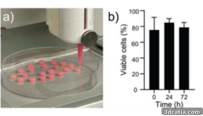 The bioprinting process diagram and a chart showing cell viability after bioprinting.