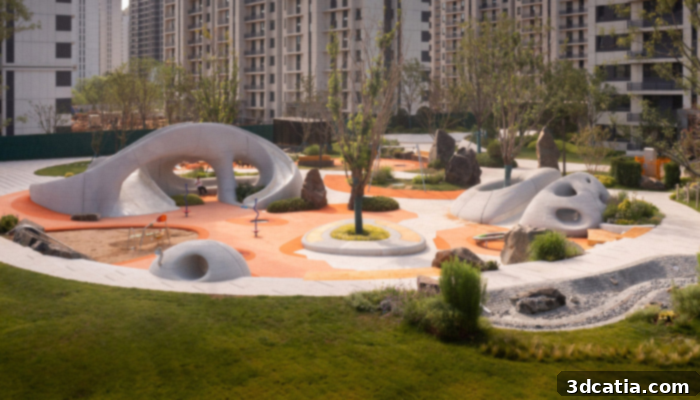 A child plays on one of the large 3D printed concrete boulders, designed as a slide and climbing structure, in Boulder Park, Jinan