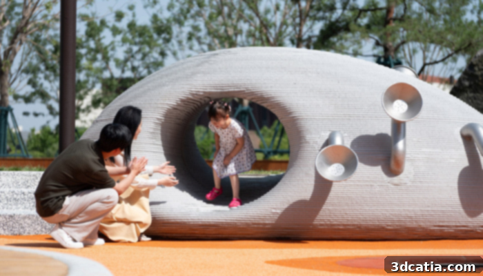 Overhead view of children playing on various 3D printed concrete playground structures in Boulder Park, Jinan
