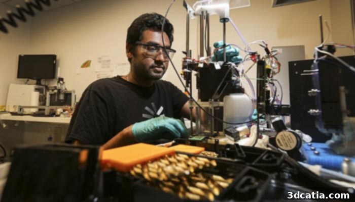 Shiv Shailendar, researcher on the Fabric8Labs project, working with 3D printed metal components.