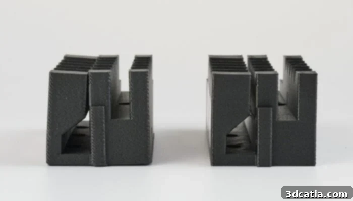 A comparison showing a warped print without Dragon optimization versus a perfectly optimized print with Dragon. The warped print has visible defects and uneven surfaces, while the optimized print is smooth and precise, demonstrating the technology's effectiveness in preventing common 3D printing failures.