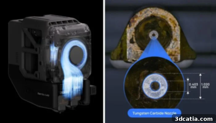 Close-up images showing the H2D Pro's new hardware upgrades: the toolhead cooling fan on the left and the tungsten carbide nozzle on the right, highlighting their robust construction.
