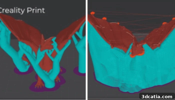 Detailed view of tree supports in Creality Print for complex 3D models