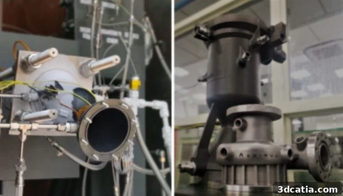 Agnilet, a single piece, 3D printed, semi-cryogenic engine, shown alongside another 3D printed rocket component.