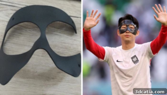 Simone Gallozzi’s protective mask (Left, Credit: Simone Gallozzi); Son Heung-min at the 2022 Qatar World Cup (Right, Credit: Maddy Meyer / FIFA)