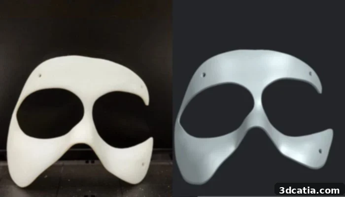 The first prototype of the mask (left) and the 3D model based on a facial scan (right). (Credit: Simone Gallozzi)