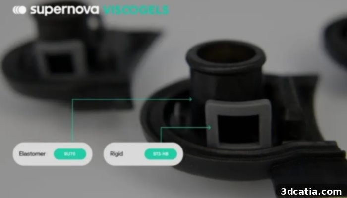 The new materials can be printed in a single part and in a single process, demonstrating advanced multi-material capabilities.