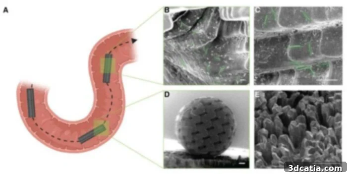 Schematic showing CORAL core capsule passing through an ex vivo section of small intestinal tissue (left) and SEM images of the capsule capturing bacteria (right)
