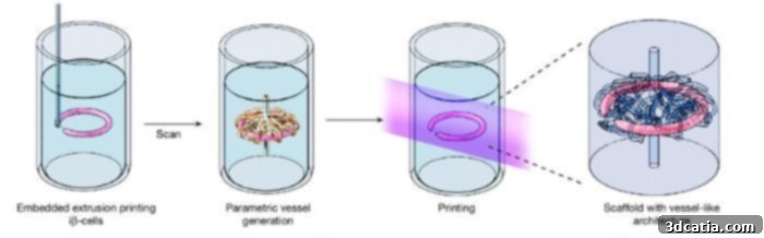 Formation of the blood vessel network based on the presence of cells in the bio-ink