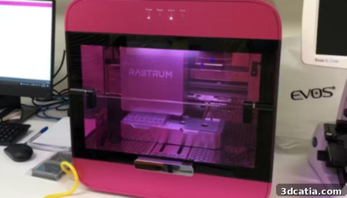 A 3D bioprinter precisely placing cells to create a 3D structure, highlighting the advanced capabilities of bioprinting technology.