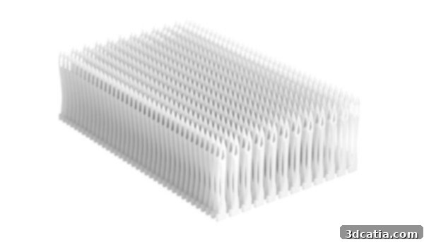 Close-up of a precision 3D printed ceramic needle made from alumina for textile manufacturing.