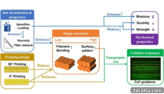 Graphical abstract showcasing the study's design and findings on 3D printed bone implants with varying ink compositions and printing orientations