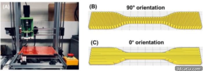 The custom-made DIW printer for bone implants (left) and 3D models of implants in UltiMaker Cura preview mode (right)