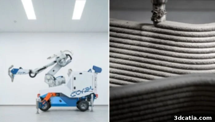 Coral 3DCP Gen25 concrete printer on the left, demonstrating the layer-by-layer printing process on the right.