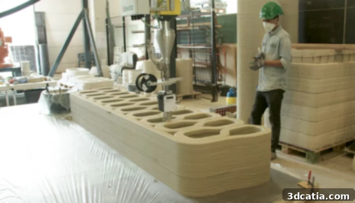 Charlotte, the six-legged mobile 3D printer robot, building a house wall with earthbagging technology using natural materials.